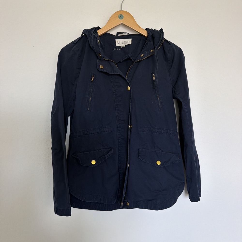 Sweet Wanderer Navy Blue Jacket with Hoodie 100% Cotton Lightweight WM SZ small